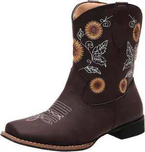 Ladmiple Boots For Women Fashion Dressy Embroidered Western Cowboy Ankle Boots Chunky Heel Retro Classic Boot Pull-On