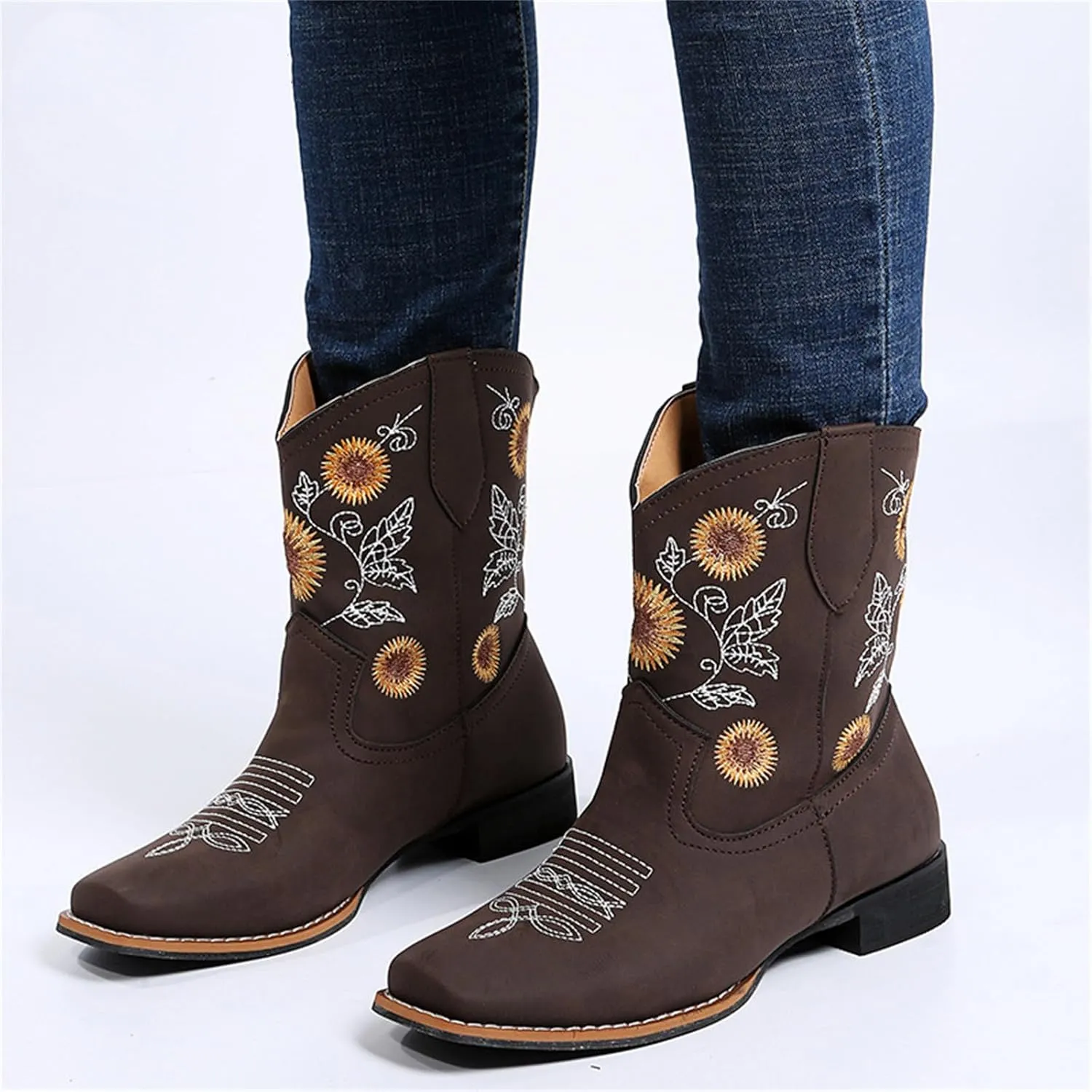 Ladmiple Boots For Women Fashion Dressy Embroidered Western Cowboy Ankle Boots Chunky Heel Retro Classic Boot Pull-On