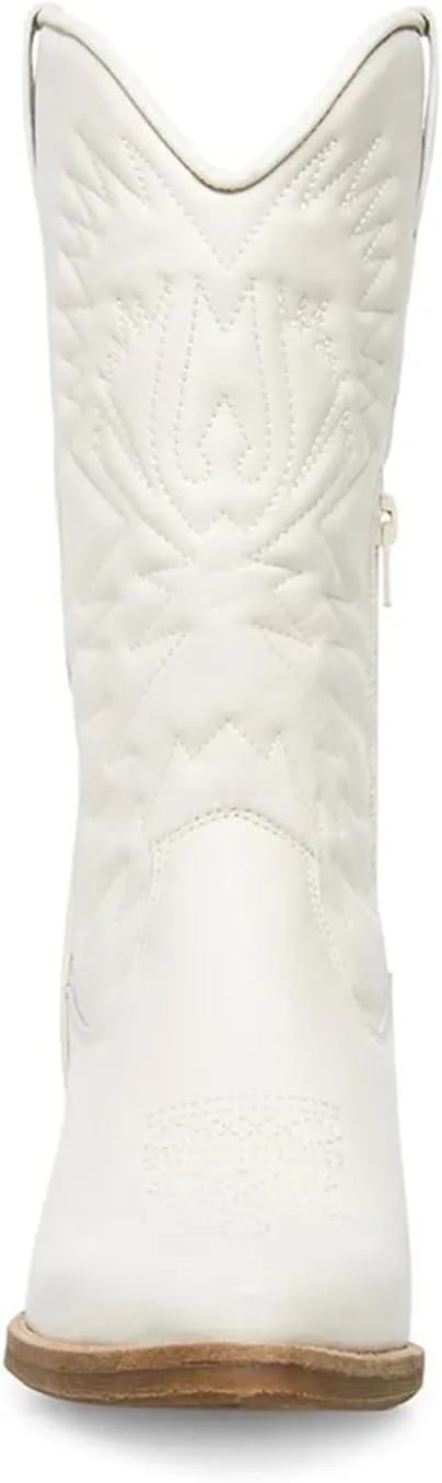 Ladmiple Cowgirl Boots Women Mid Calf Embroidered Pull On Cowboy Boots Block Chunky Heel Western Riding Wedding Boots