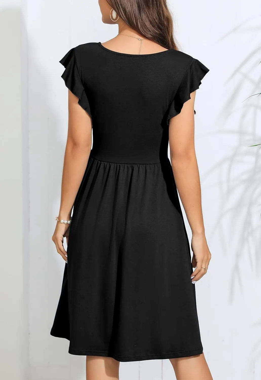 Lamilus Women's Casual Summer Dresses 2025 Ruffle Sleeves V-Neck Button Down Midi Swing Party Dress