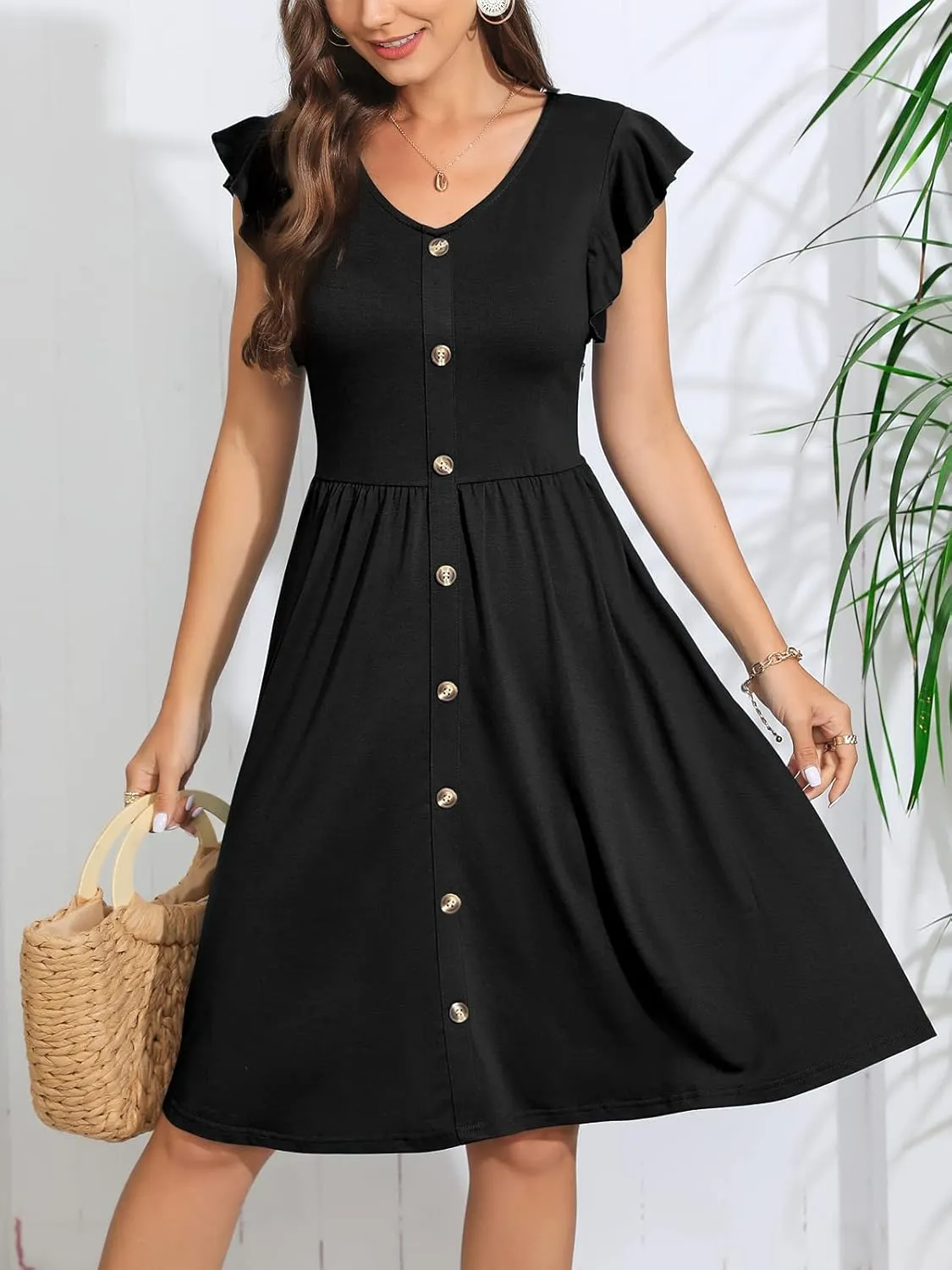 Lamilus Women's Casual Summer Dresses 2025 Ruffle Sleeves V-Neck Button Down Midi Swing Party Dress