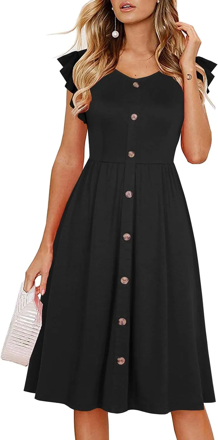 Lamilus Women's Casual Summer Dresses 2025 Ruffle Sleeves V-Neck Button Down Midi Swing Party Dress