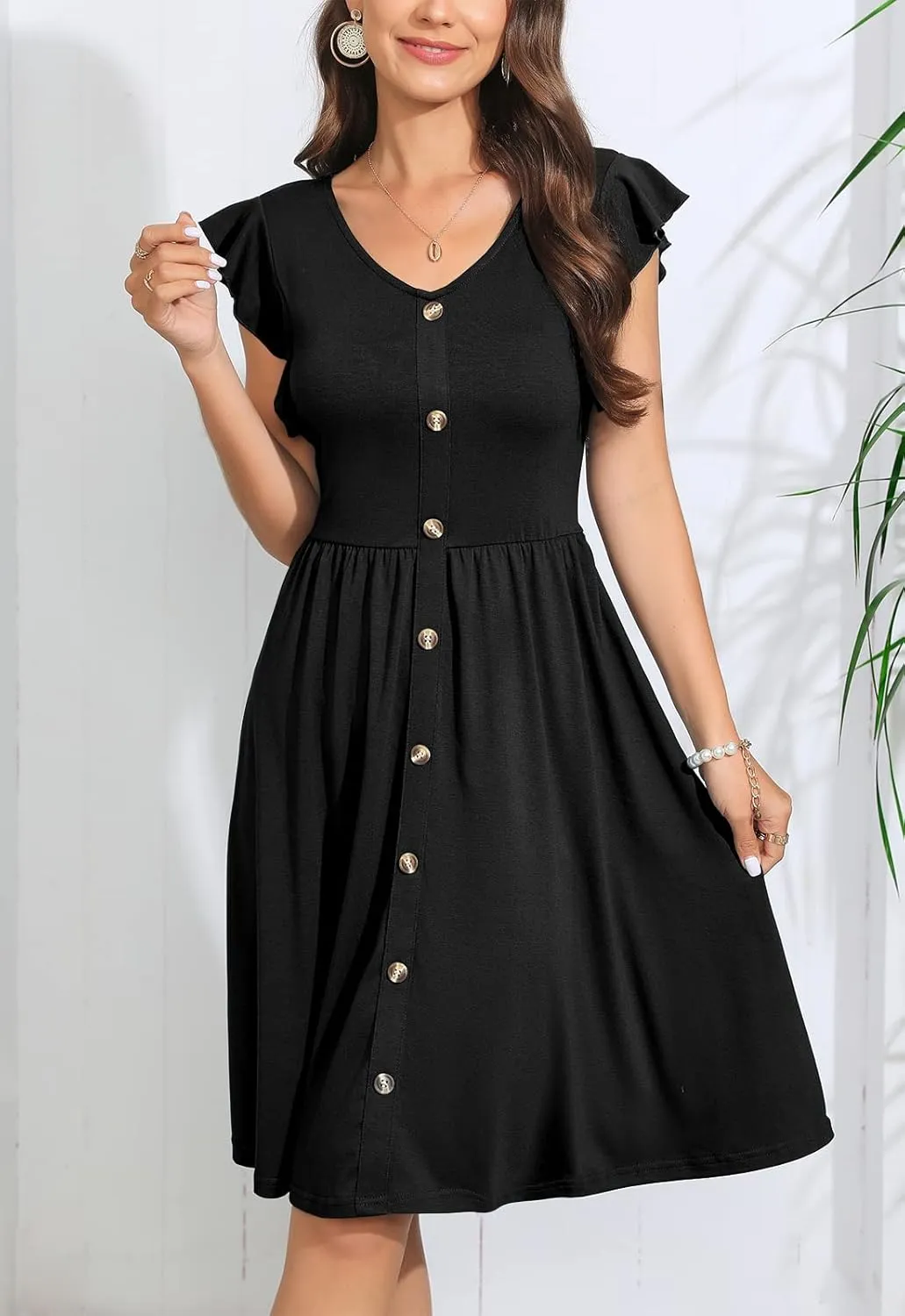 Lamilus Women's Casual Summer Dresses 2025 Ruffle Sleeves V-Neck Button Down Midi Swing Party Dress