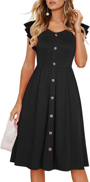 Lamilus Women's Casual Summer Dresses 2025 Ruffle Sleeves V-Neck Button Down Midi Swing Party Dress
