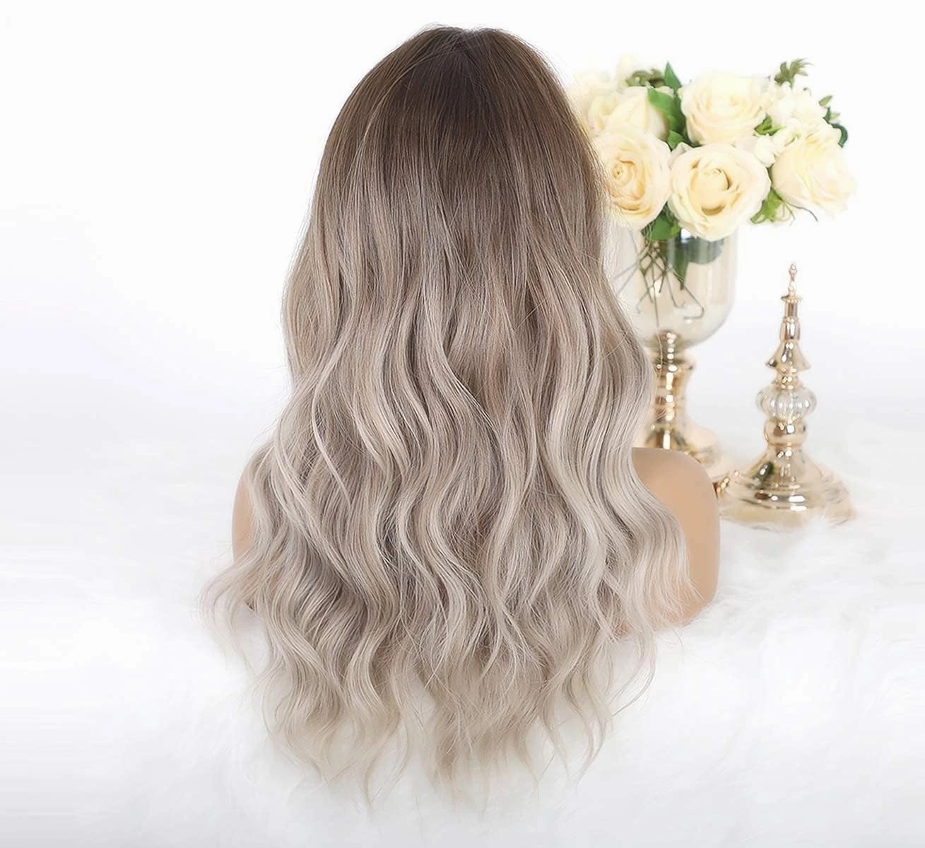 LANOVA Brown Ombre Ashy Silver Wigs with Bangs Wavy Hair Synthetic Glueless Wigs for Women 18 inch LANOVA-137