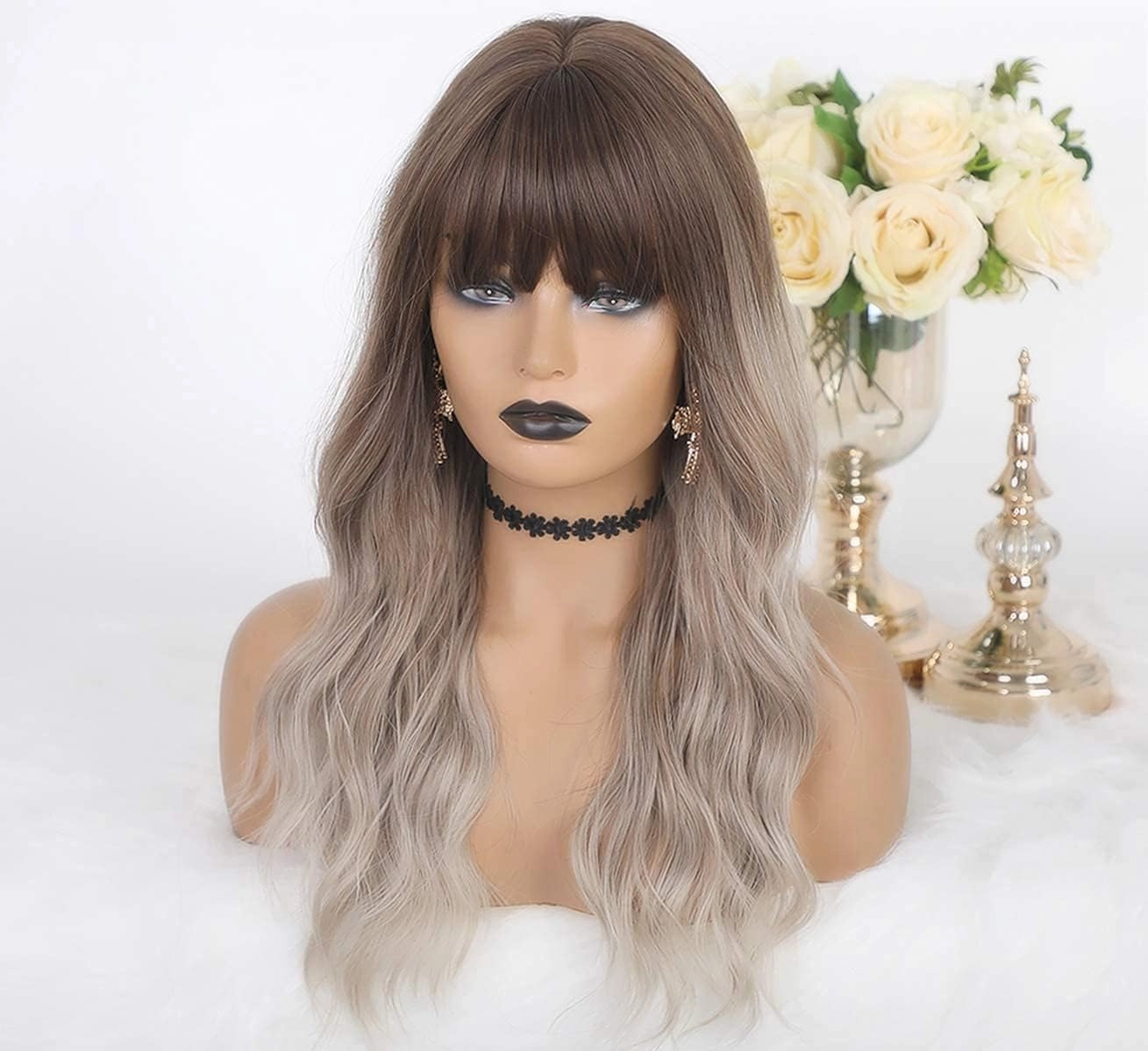 LANOVA Brown Ombre Ashy Silver Wigs with Bangs Wavy Hair Synthetic Glueless Wigs for Women 18 inch LANOVA-137