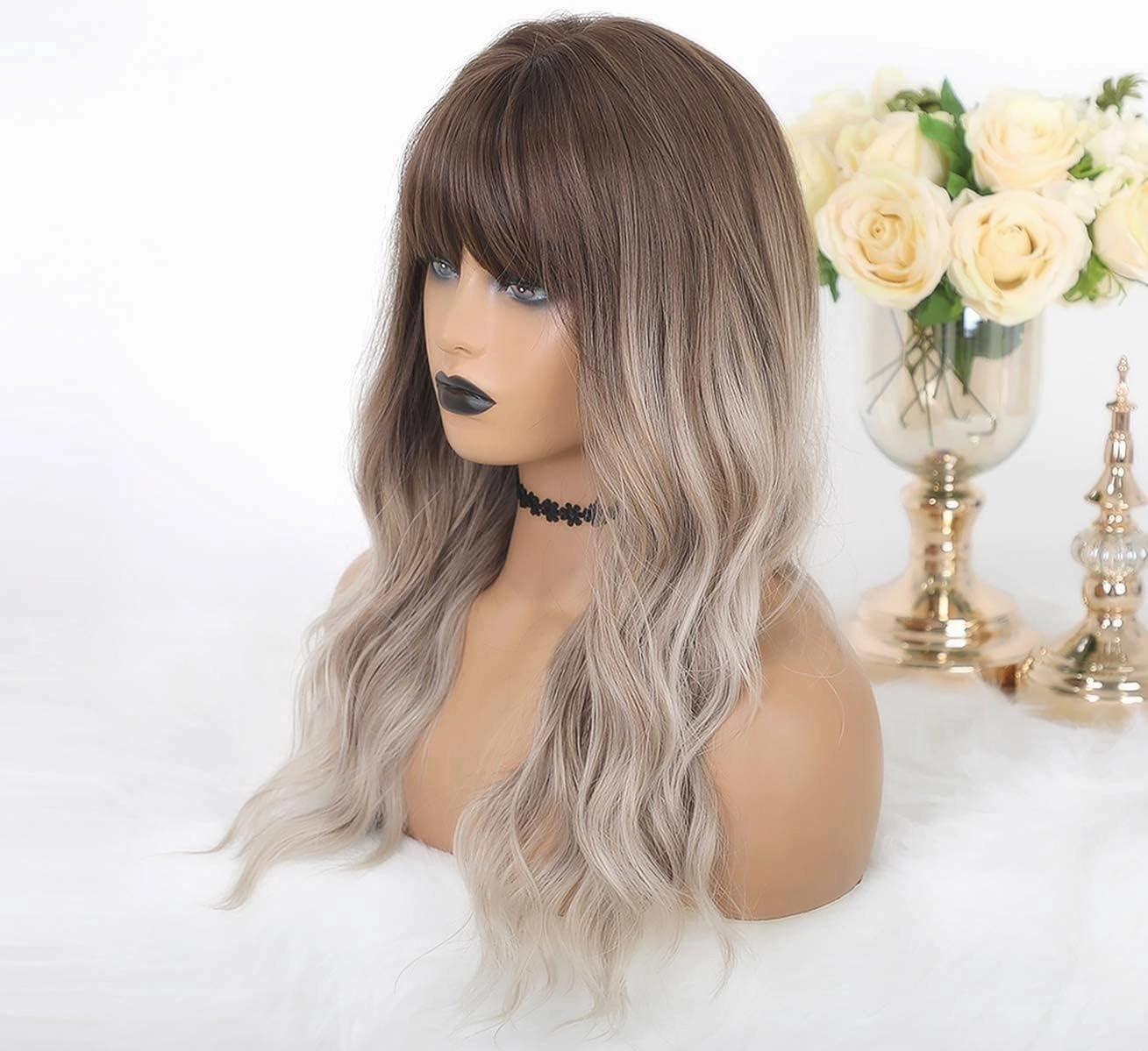 LANOVA Brown Ombre Ashy Silver Wigs with Bangs Wavy Hair Synthetic Glueless Wigs for Women 18 inch LANOVA-137