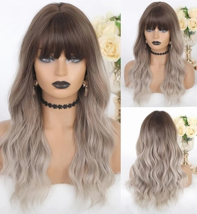 LANOVA Brown Ombre Ashy Silver Wigs with Bangs Wavy Hair Synthetic Glueless Wigs for Women 18 inch LANOVA-137