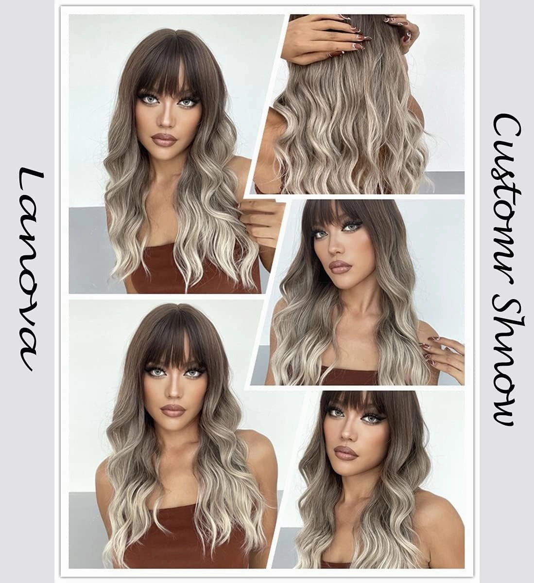 LANOVA Brown Ombre Ashy Silver Wigs with Bangs Wavy Hair Synthetic Glueless Wigs for Women 18 inch LANOVA-137