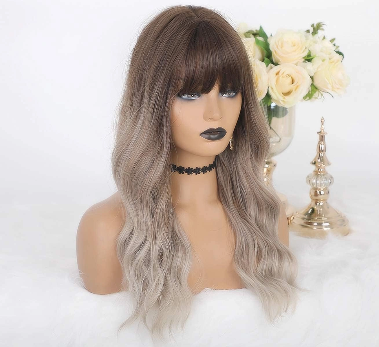 LANOVA Brown Ombre Ashy Silver Wigs with Bangs Wavy Hair Synthetic Glueless Wigs for Women 18 inch LANOVA-137