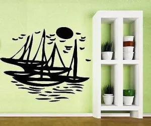 Large Wall Vinyl Sticker Decal Sea Gulls Sun Yacht Waterway Fishing Boat (n053) Matte Black