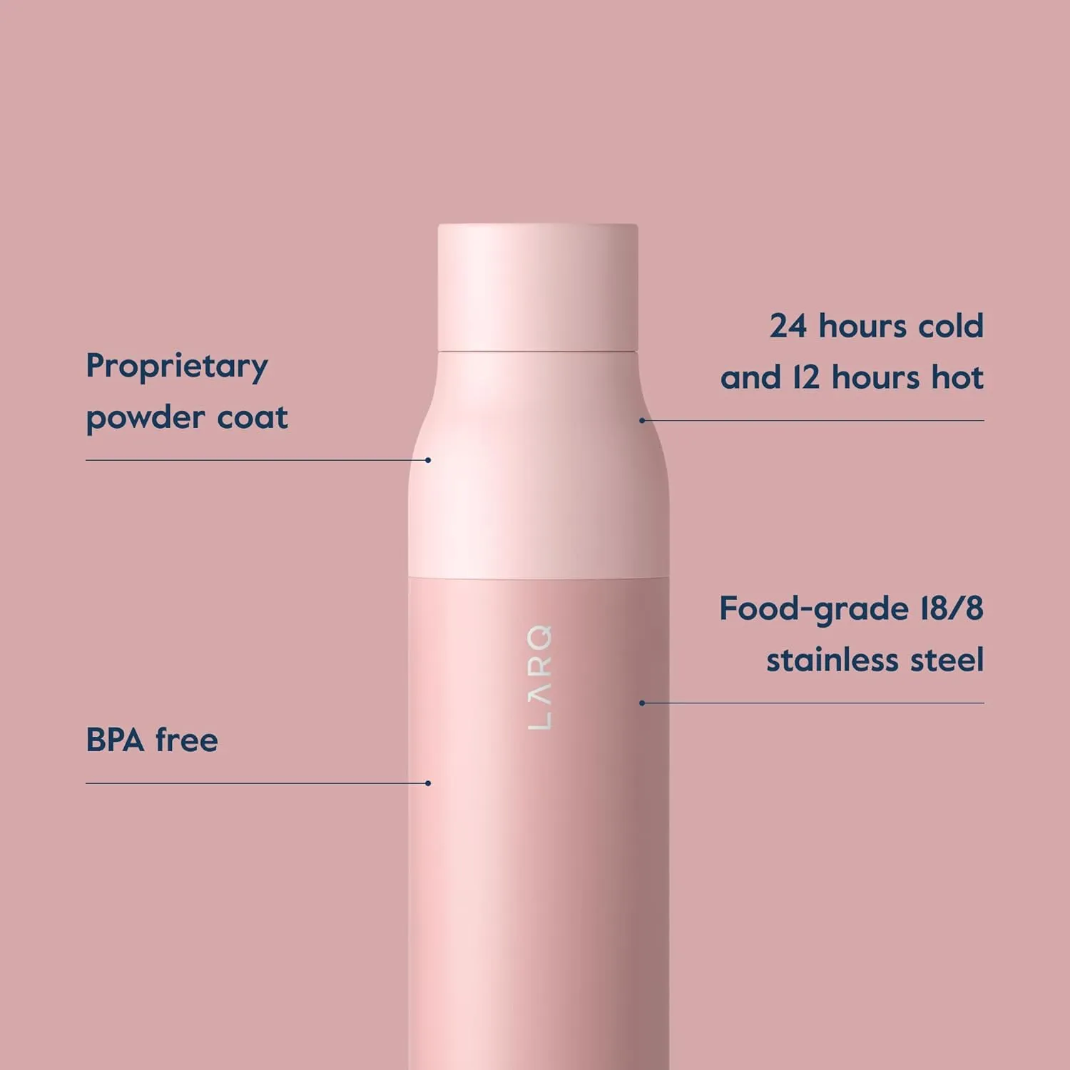 LARQ Bottle Twist Top 17 oz - Insulated Stainless Steel Water Bottle | Thermos, BPA Free | Reusable for Camping, Office, Travel | Keeps Drinks Cold and Hot, Himalayan Pink