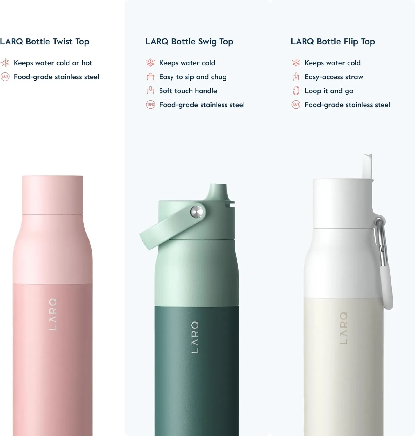 LARQ Bottle Twist Top 17 oz - Insulated Stainless Steel Water Bottle | Thermos, BPA Free | Reusable for Camping, Office, Travel | Keeps Drinks Cold and Hot, Himalayan Pink