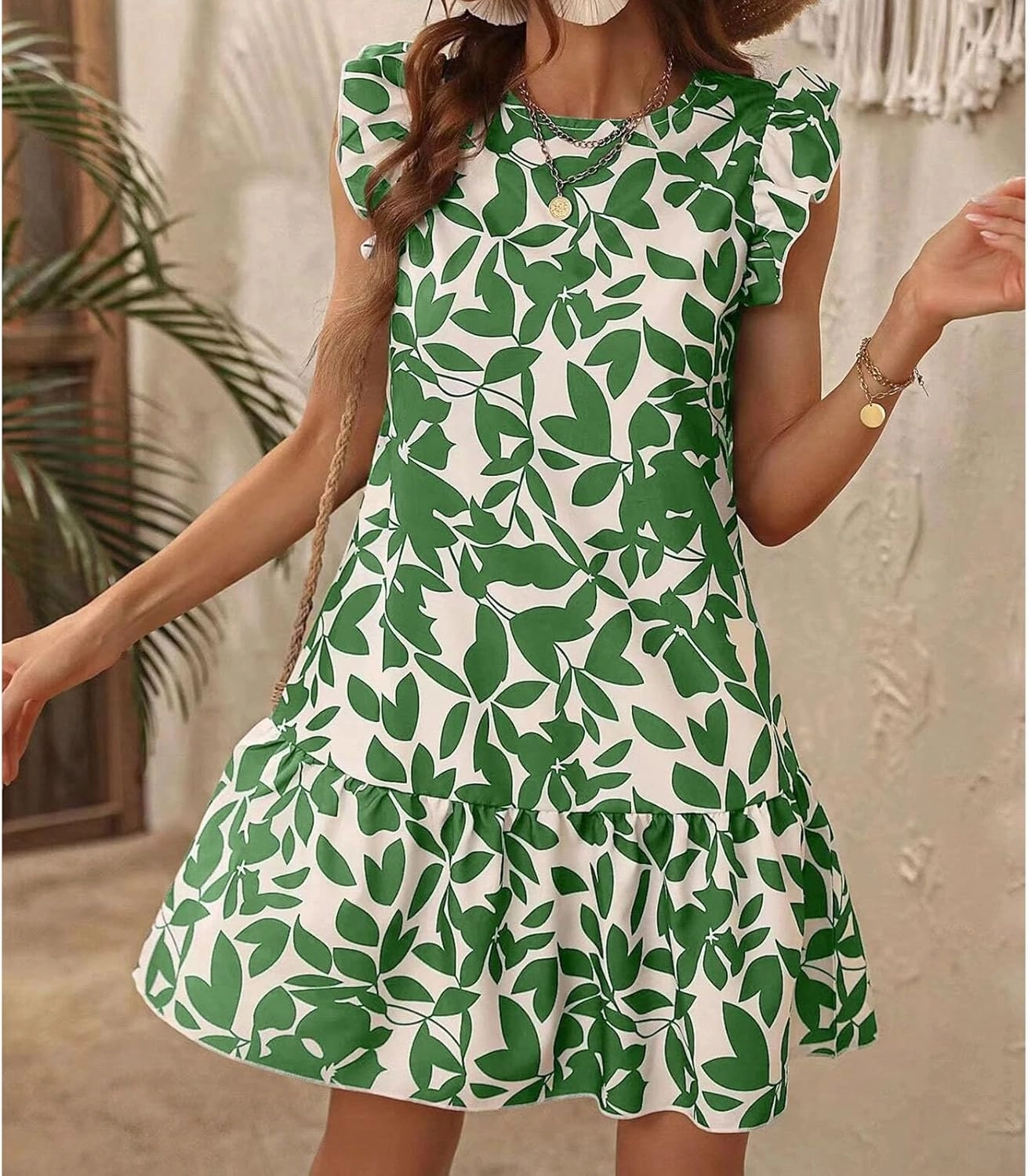 Lastesso Boho Dresses for Women 2024 Ruffle Cap Sleeve Loose Summer Sundresses Casual Crewneck Printed Beach Short Mini Dress
