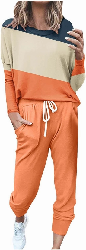 Lastesso Plus Size Lounge Sets for Women Color Block Joggers Track Suits Casual Tie Ankle Banded Loungewear Soft Sweatsuits