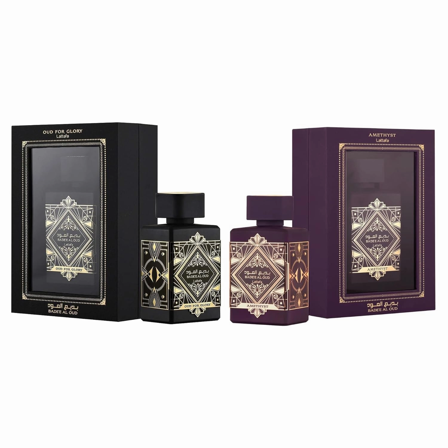 Lattafa Bade'e Al Oud 2-Piece Set for Unisex, (3.4 Oz Amethyst Eau De Parfum Spray   3.4 Oz Oud for Glory Eau De Parfum Spray)