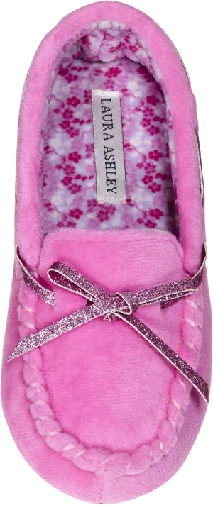 Laura Ashley Fleece Girls Moccasin Slippers, Indoor Outdoor Easy to Wear Home Shoes for Kids