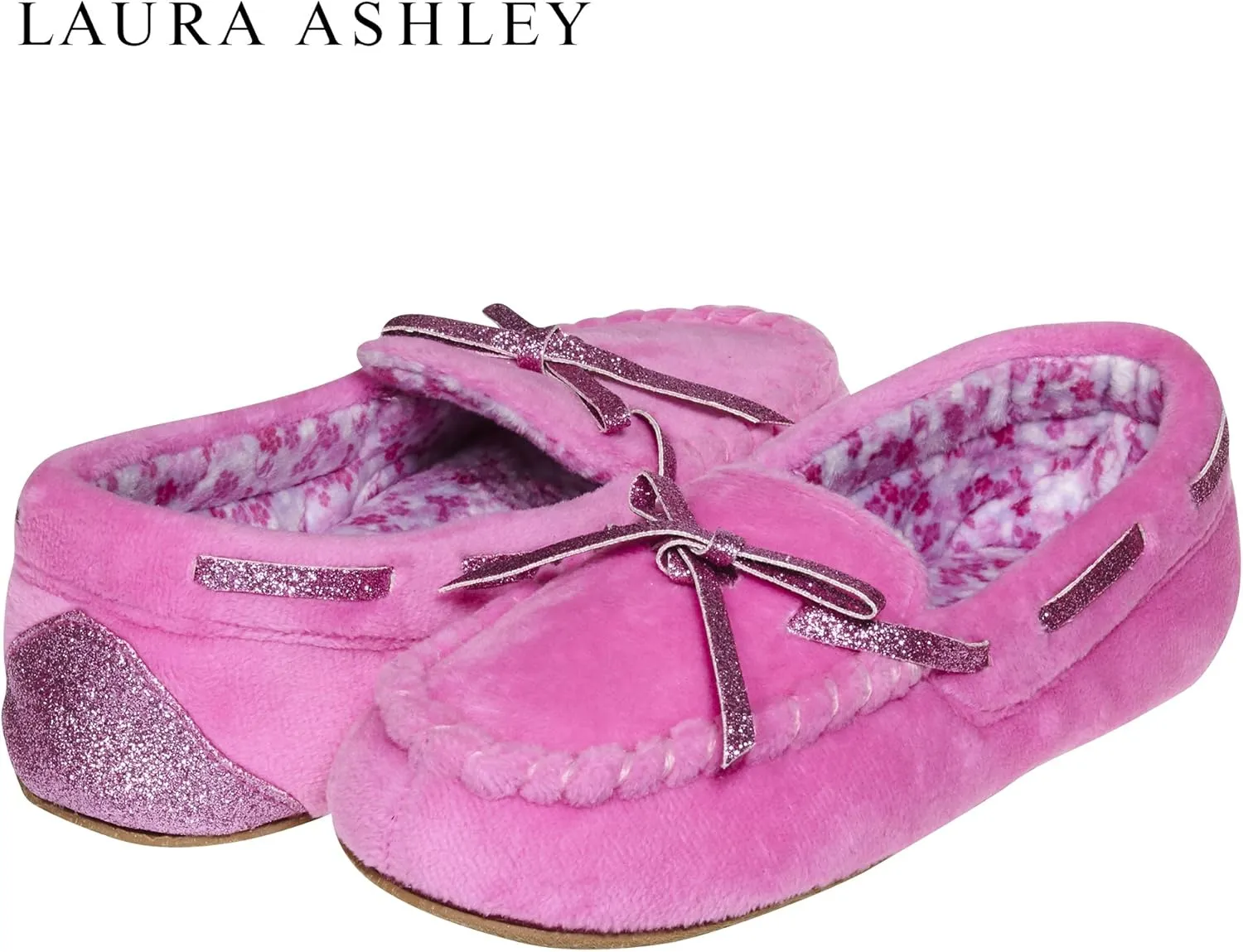 Laura Ashley Fleece Girls Moccasin Slippers, Indoor Outdoor Easy to Wear Home Shoes for Kids