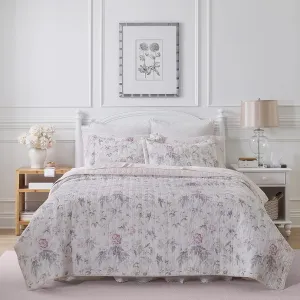 Laura Ashley - King Quilt Set, Reversible Cotton Bedding with Matching Shams, Lightweight Home Decor for All Seasons (Breezy Floral Pink/Grey, King)