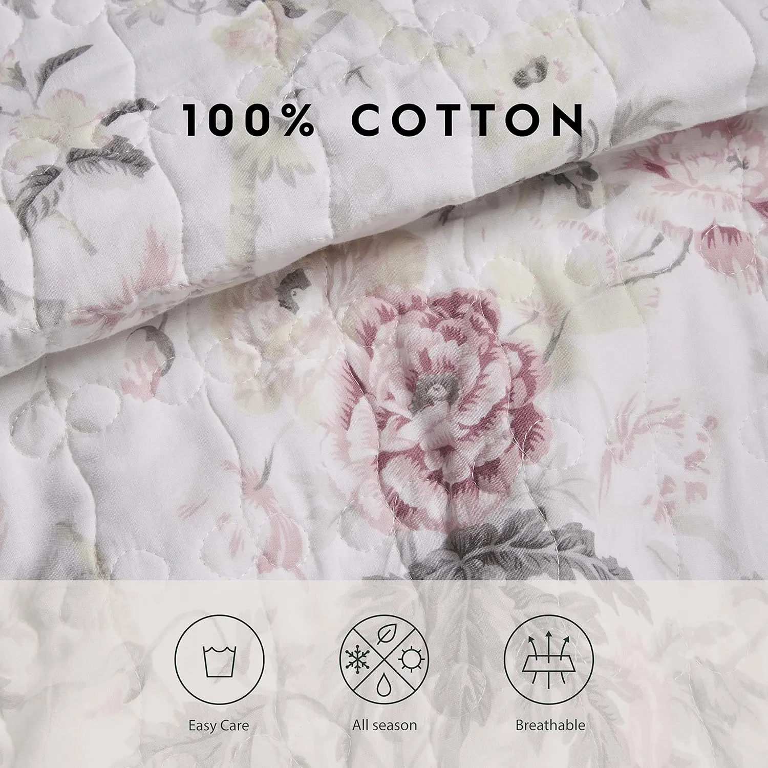 Laura Ashley - King Quilt Set, Reversible Cotton Bedding with Matching Shams, Lightweight Home Decor for All Seasons (Breezy Floral Pink/Grey, King)