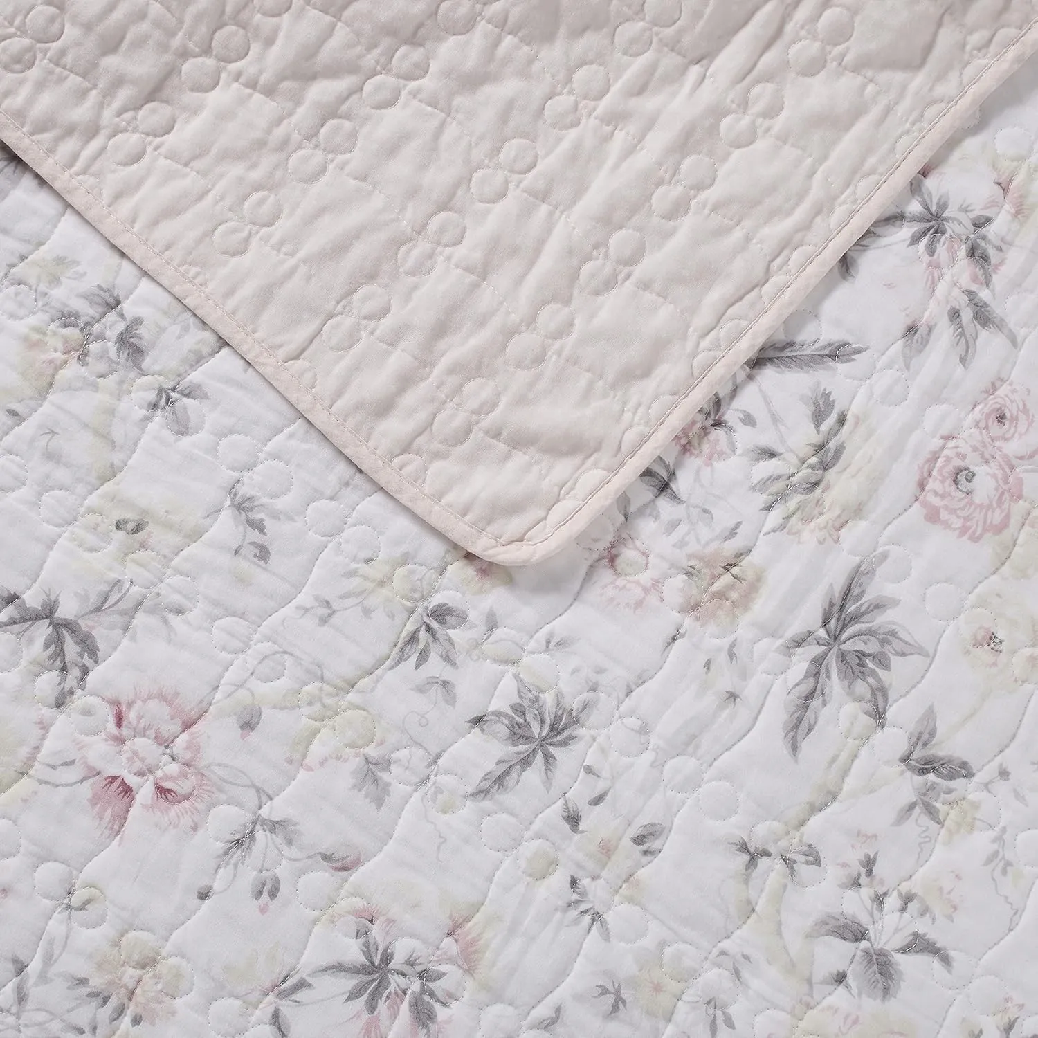 Laura Ashley - King Quilt Set, Reversible Cotton Bedding with Matching Shams, Lightweight Home Decor for All Seasons (Breezy Floral Pink/Grey, King)
