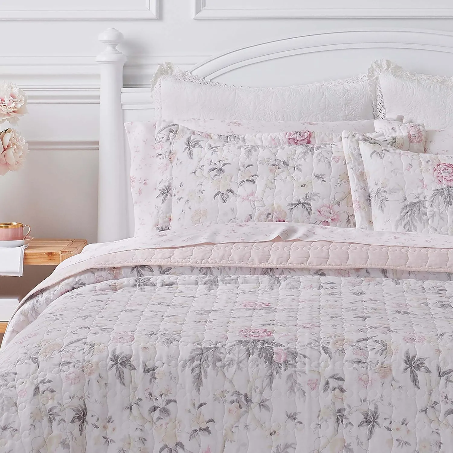 Laura Ashley - King Quilt Set, Reversible Cotton Bedding with Matching Shams, Lightweight Home Decor for All Seasons (Breezy Floral Pink/Grey, King)