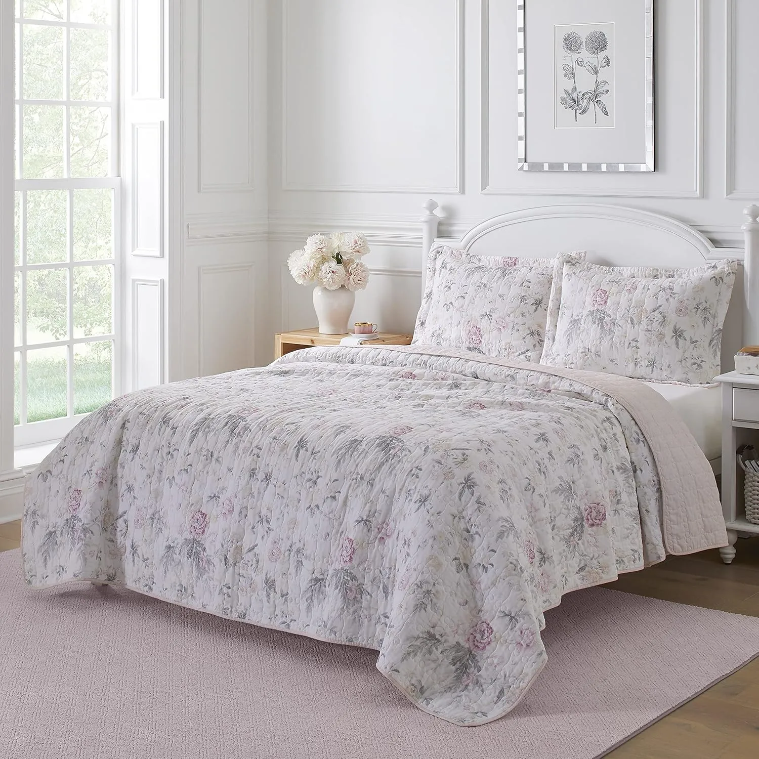 Laura Ashley - King Quilt Set, Reversible Cotton Bedding with Matching Shams, Lightweight Home Decor for All Seasons (Breezy Floral Pink/Grey, King)