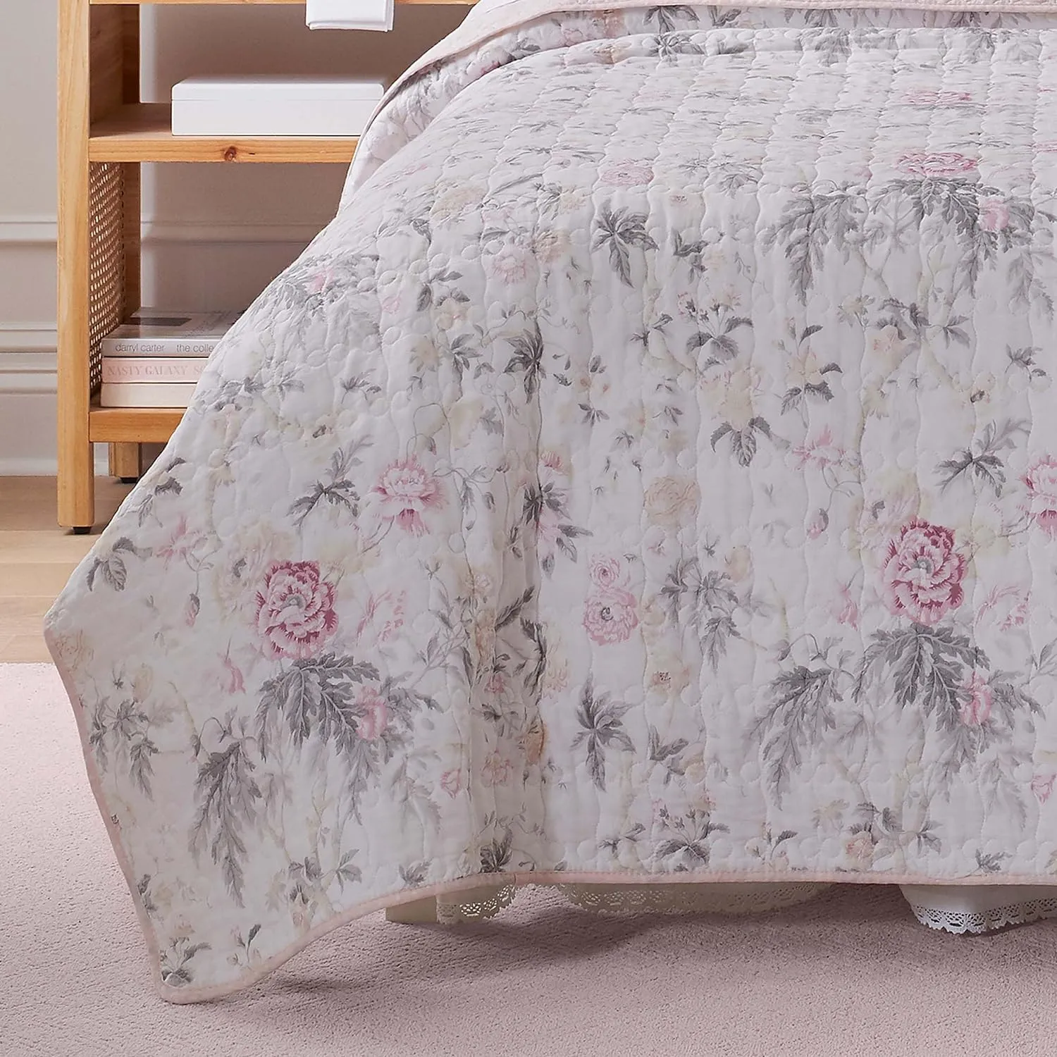 Laura Ashley - King Quilt Set, Reversible Cotton Bedding with Matching Shams, Lightweight Home Decor for All Seasons (Breezy Floral Pink/Grey, King)