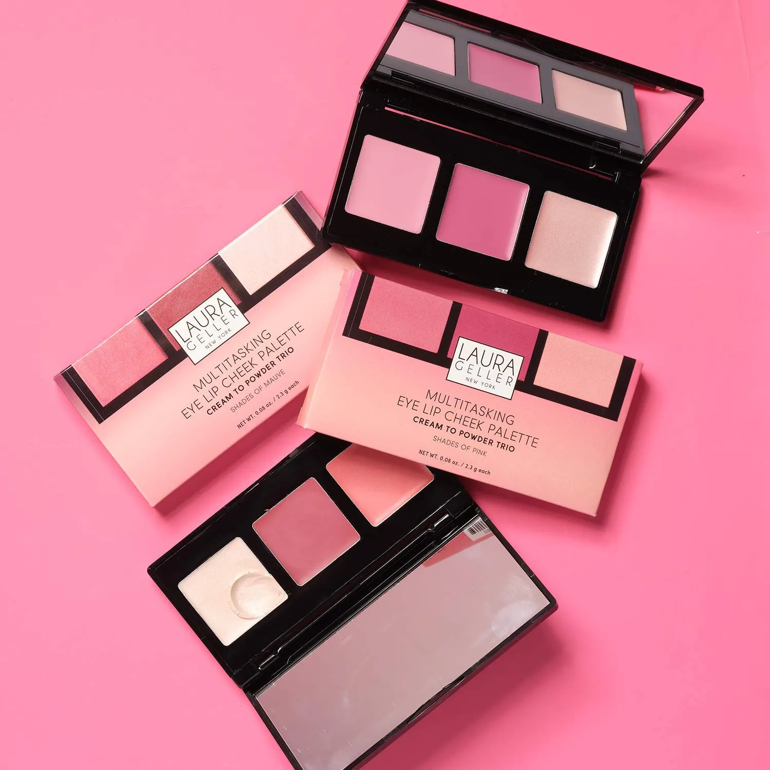 LAURA GELLER NEW YORK Multitasking Eye Lip Cheek Palette Cream to Powder Trio, Pink