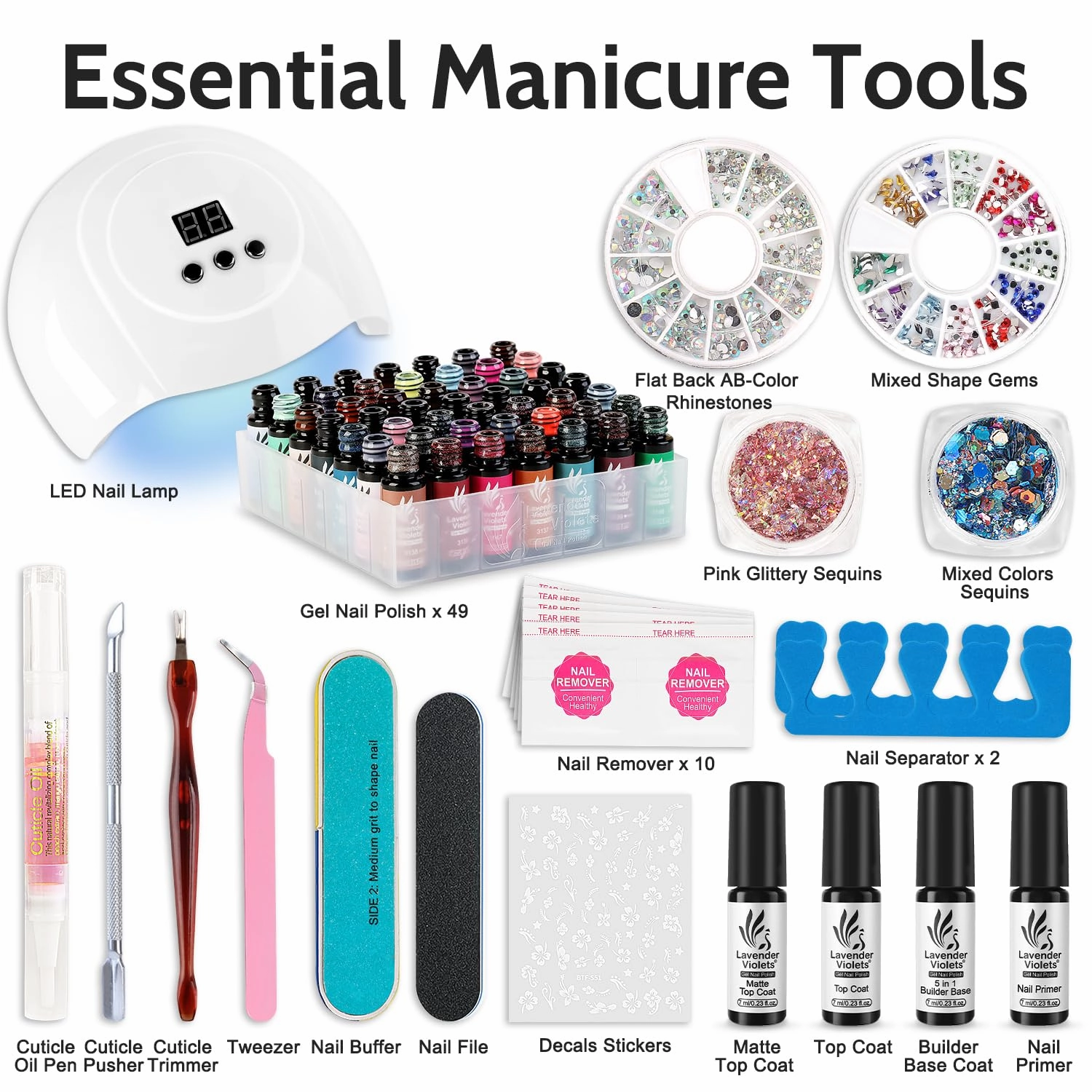 Lavender Violets 73 Pcs Gel Nail Polish Kit with U V Light, 45 Colors with Nail Primer,Builder Base,Matte & Glossy Top Coat Soak Off Manicure Tools Gifts for Women Easter LA01