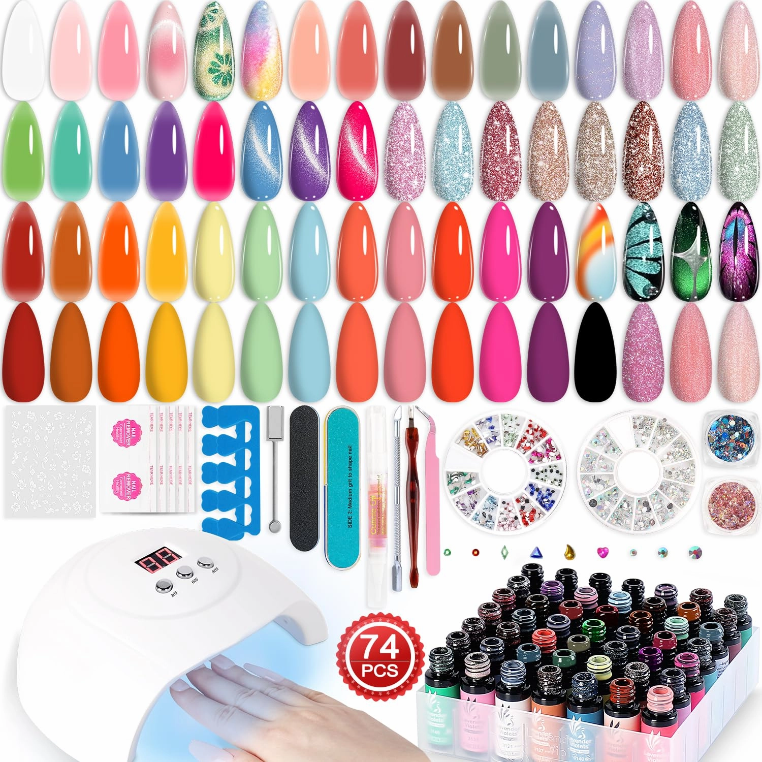 Lavender Violets 73 Pcs Gel Nail Polish Kit with U V Light, 45 Colors with Nail Primer,Builder Base,Matte & Glossy Top Coat Soak Off Manicure Tools Gifts for Women Easter LA01