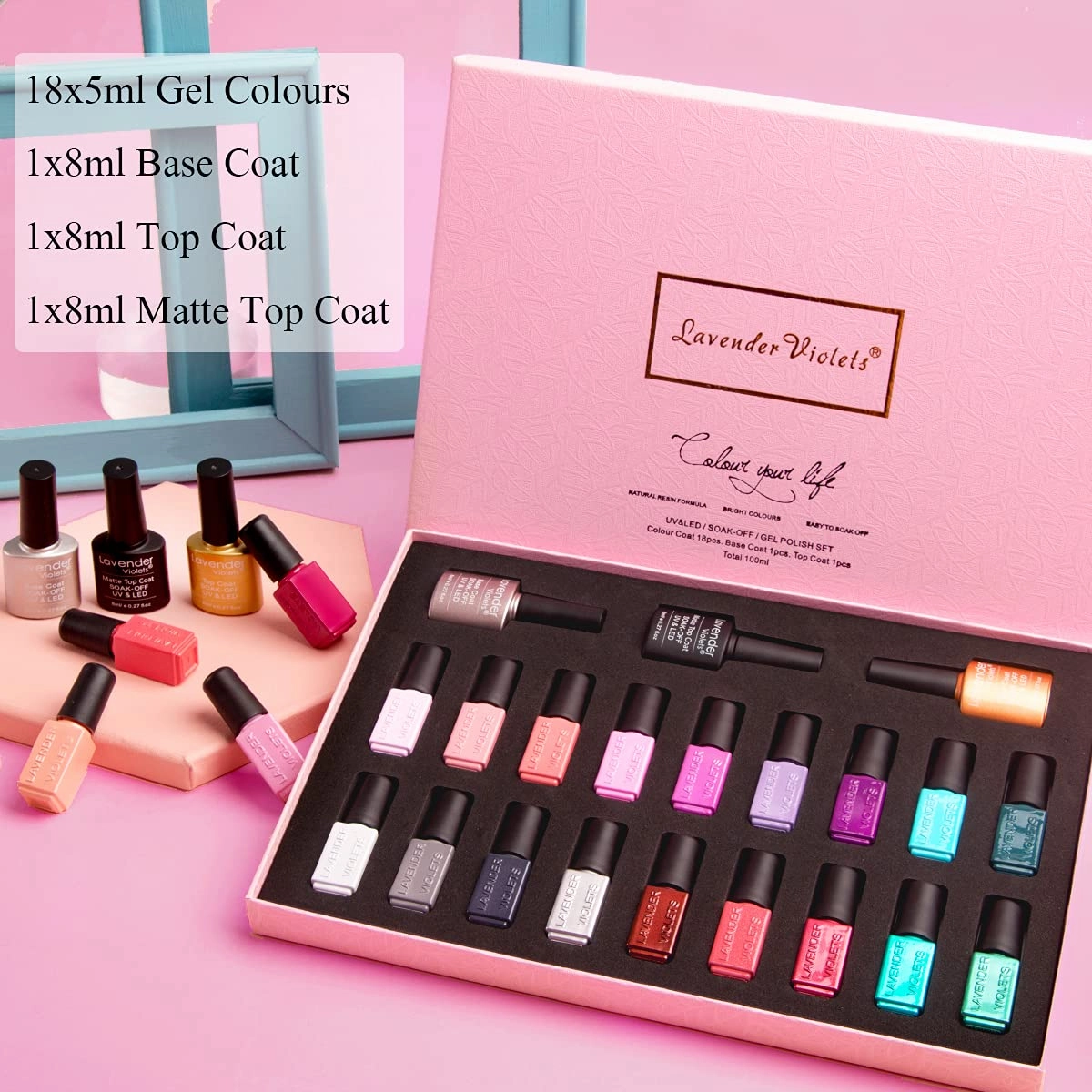 Lavender Violets Gel Nail Polish Kit - 18 3 Colors Nude Pink Blue Soak-off UV LED Nail Gel with Base, Matte and Glossy Top Coat F984