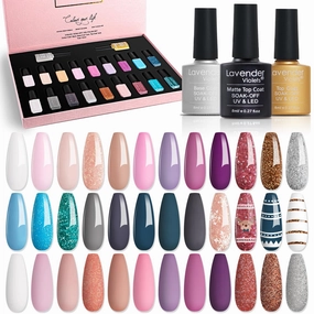 Lavender Violets Gel Nail Polish Kit - 18 3 Colors Nude Pink Blue Soak-off UV LED Nail Gel with Base, Matte and Glossy Top Coat F984