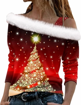 LCMTWX Womens Oversized Sweatshirts Long Sleeved Collar Top Pullover Christmas Printed T Shirt 2023 Fashion Clothes Cat