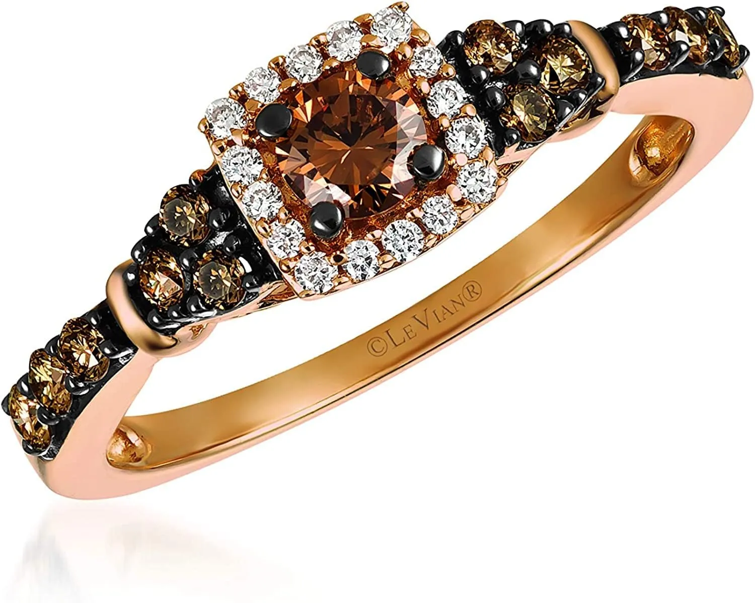 LE VIAN 1/2 Carat White and Chocolate Diamond Cushion Shaped Halo Ring for Women I 14k Rose Gold Anniversary Ring for Her (G-H/Brown, VS2-SI1, 0.46 cttw) Engagement Promise Band Size 5 to 10.5