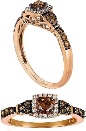 LE VIAN 1/2 Carat White and Chocolate Diamond Cushion Shaped Halo Ring for Women I 14k Rose Gold Anniversary Ring for Her (G-H/Brown, VS2-SI1, 0.46 cttw) Engagement Promise Band Size 5 to 10.5
