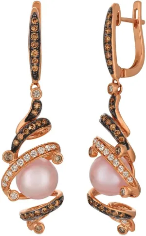 Le Vian 2/3 Carat Chocolate Diamond Pink Pearl Dangle Earrings for Women | 14k Rose Gold Elegant Spiral Pave Design Earrings for Her (H-I, SI2-SI3, 0.69 Cttw) Secure Latch Back
