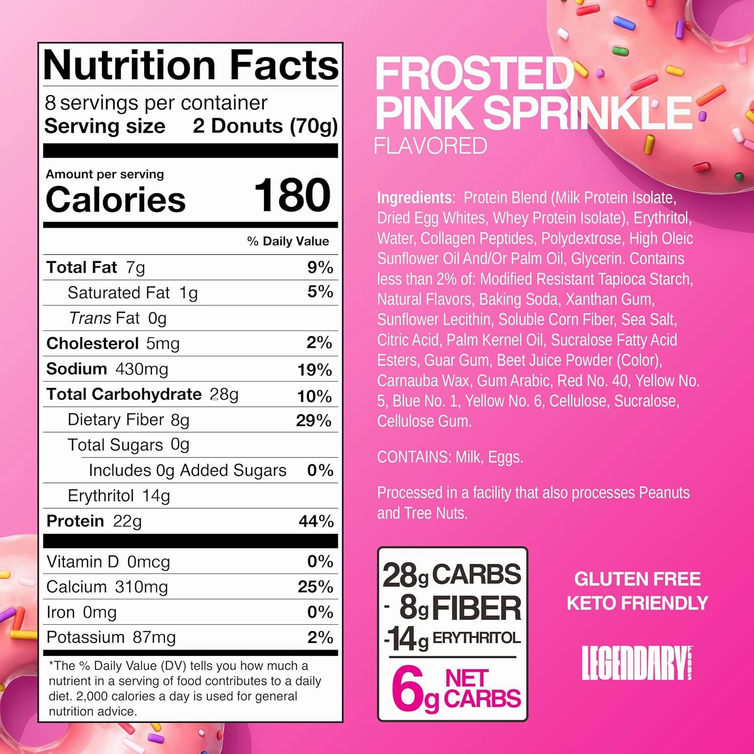 Legendary Foods 22g Frosted Pink Sprinkle Protein Donut – High Protein Donuts with Zero Sugar – Gluten Free, Low Carb, Keto Friendly Snack – Healthy Donuts for GLP-1, Diabetic & Bariatric Friendly Diets