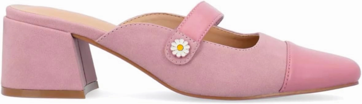 LEHOOR Women Low Chunky Heel Mules Closed Square Toe Two-Toned Dress Sandals Slip On 2 Inch Heels Slide Shoes Flower-Buckle Strap Backless Slippers Suede Matte Patchwork Comfort Office Daily 4-11 M US