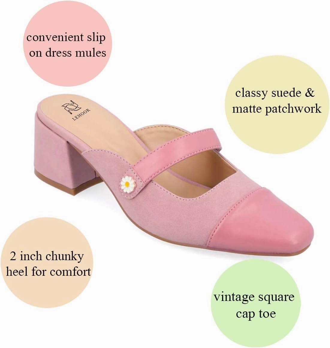 LEHOOR Women Low Chunky Heel Mules Closed Square Toe Two-Toned Dress Sandals Slip On 2 Inch Heels Slide Shoes Flower-Buckle Strap Backless Slippers Suede Matte Patchwork Comfort Office Daily 4-11 M US