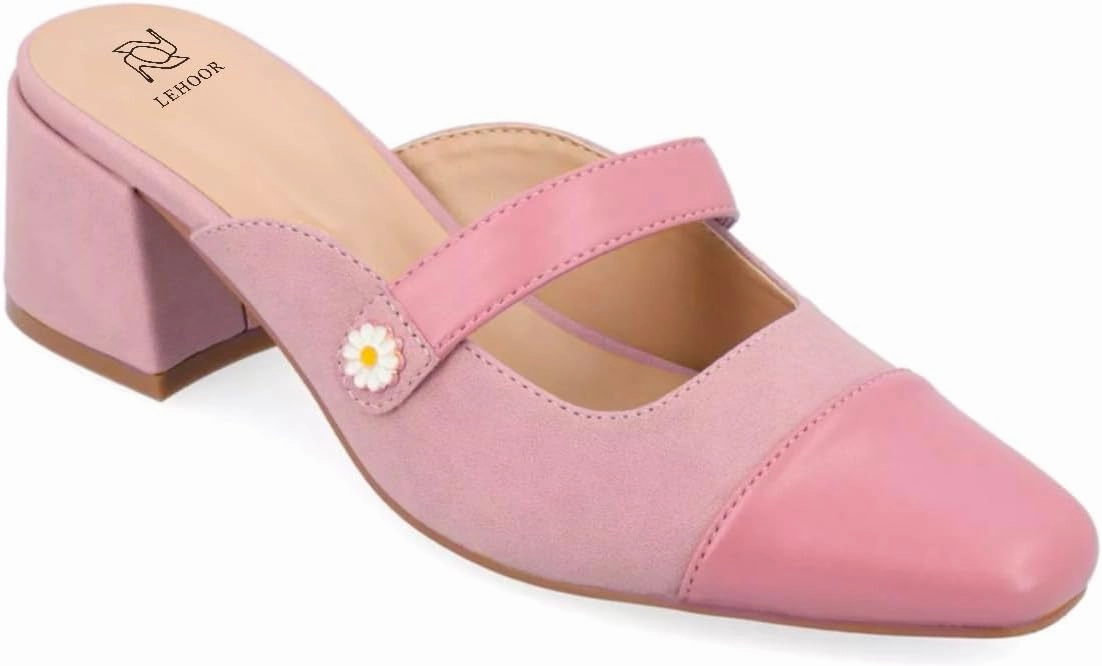 LEHOOR Women Low Chunky Heel Mules Closed Square Toe Two-Toned Dress Sandals Slip On 2 Inch Heels Slide Shoes Flower-Buckle Strap Backless Slippers Suede Matte Patchwork Comfort Office Daily 4-11 M US