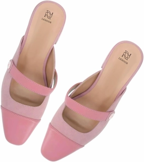 LEHOOR Women Low Chunky Heel Mules Closed Square Toe Two-Toned Dress Sandals Slip On 2 Inch Heels Slide Shoes Flower-Buckle Strap Backless Slippers Suede Matte Patchwork Comfort Office Daily 4-11 M US