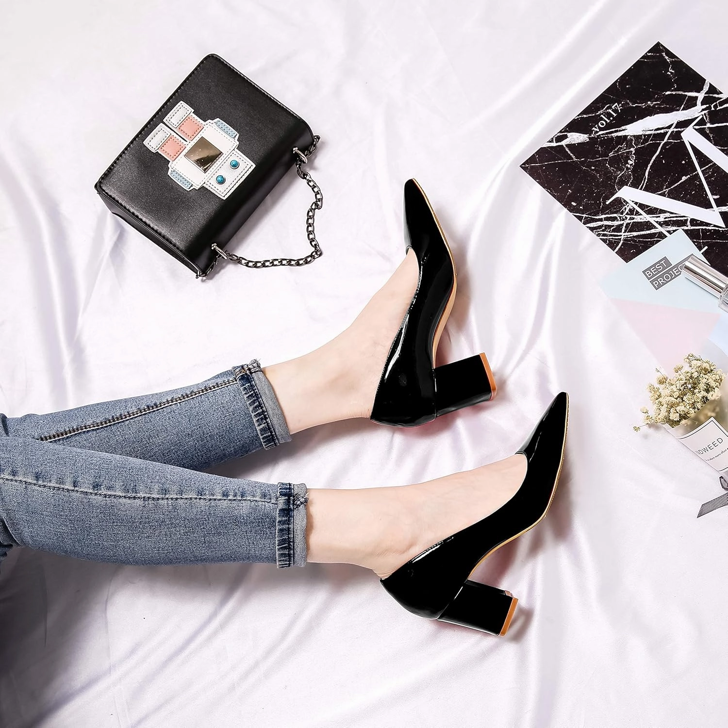 LEHOOR Women Pointed Toe Pumps Block Heel Closed Toe Sandals Mid Heel Casual Dress Shoes Classic Bridal Pumps Fashion