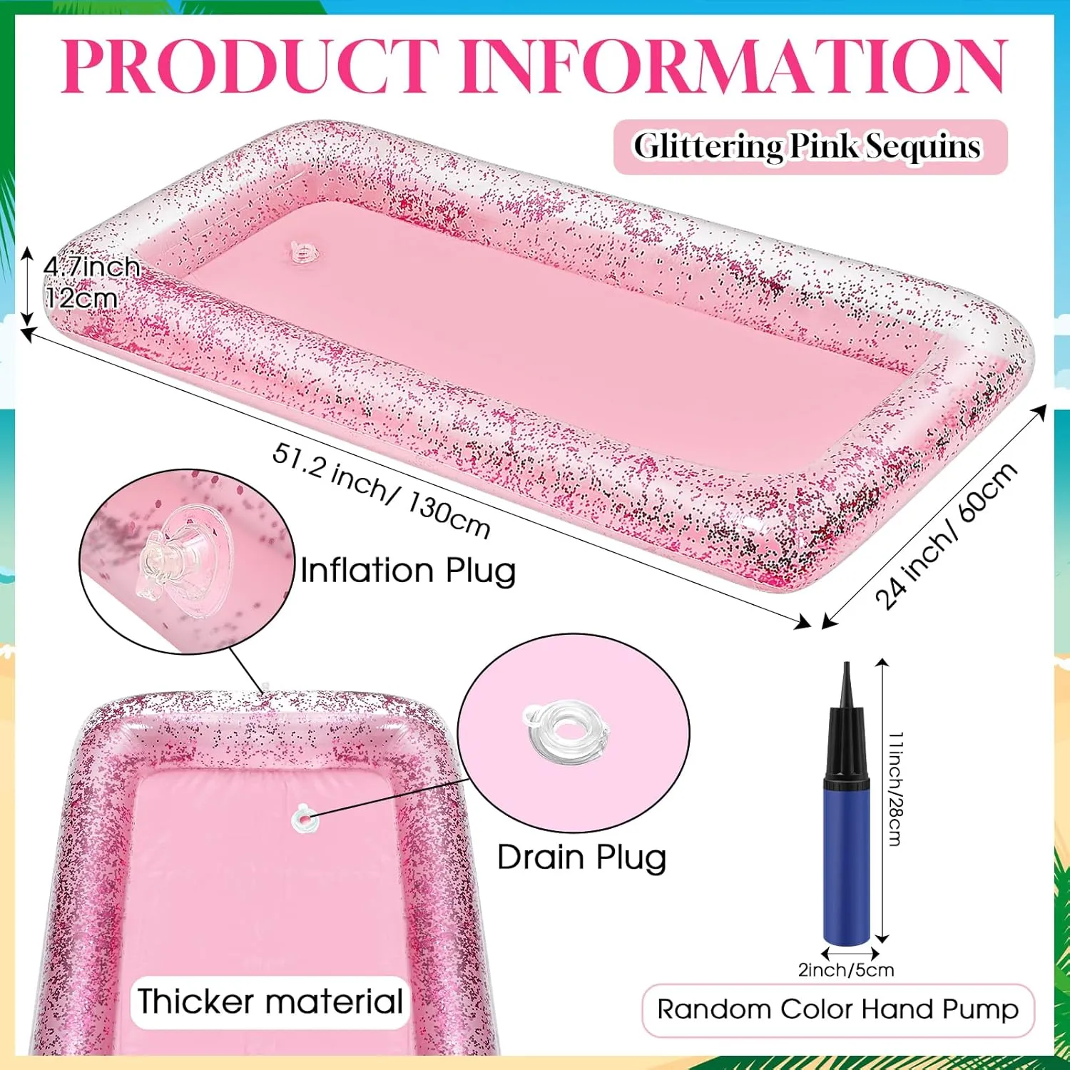 Leitee 3 Pcs Inflatable Serving Bar Kit Includes Glitter Inflatable Cooler with Cover and Inflator for Ice Supplies Graduation Wedding Summer Pool Party Camping Picnic(Pink)