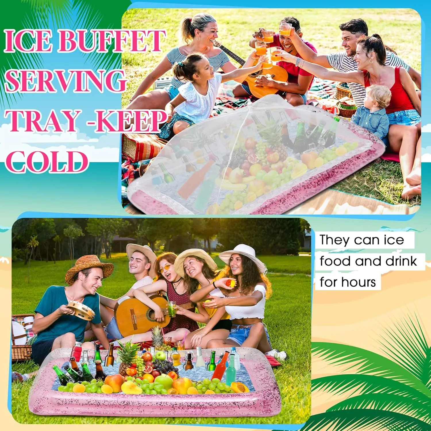 Leitee 3 Pcs Inflatable Serving Bar Kit Includes Glitter Inflatable Cooler with Cover and Inflator for Ice Supplies Graduation Wedding Summer Pool Party Camping Picnic(Pink)