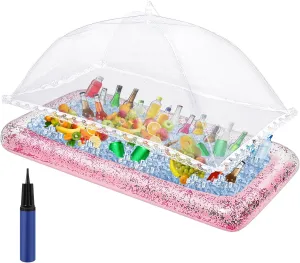 Leitee 3 Pcs Inflatable Serving Bar Kit Includes Glitter Inflatable Cooler with Cover and Inflator for Ice Supplies Graduation Wedding Summer Pool Party Camping Picnic(Pink)