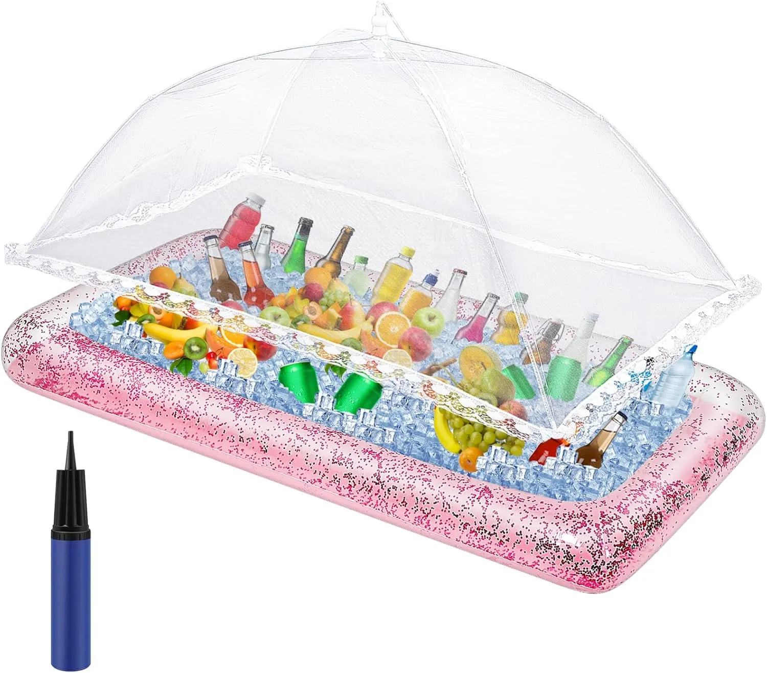 Leitee 3 Pcs Inflatable Serving Bar Kit Includes Glitter Inflatable Cooler with Cover and Inflator for Ice Supplies Graduation Wedding Summer Pool Party Camping Picnic(Pink)