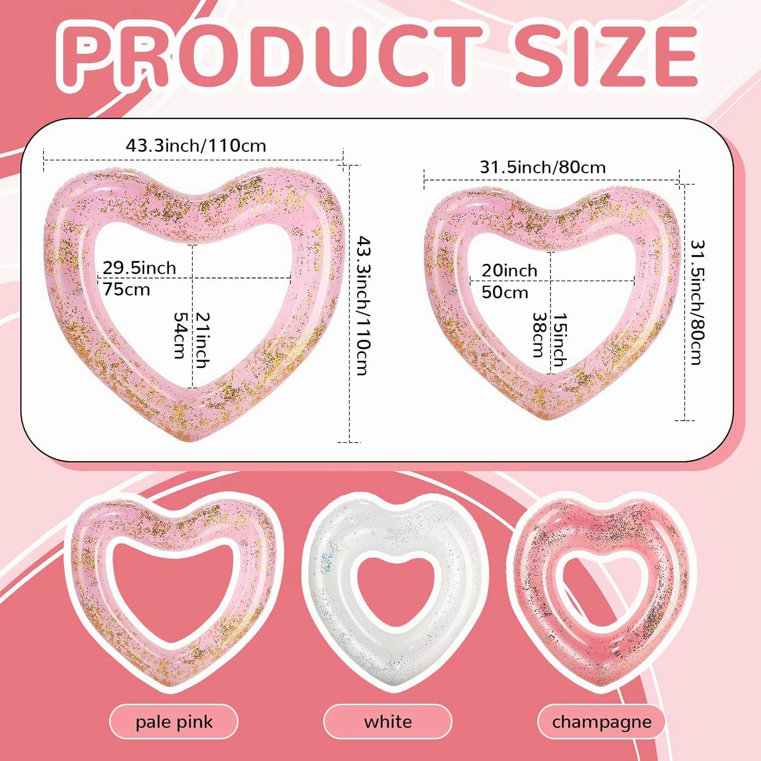 Lenwen 6 Pcs Heart Pool Float, 43"/31" Inflatable Glitter Heart Floatie Tubes Heart Bachelorette Party Prop Heart Summer Swimming Ring for Wedding Betrothal Party Decor