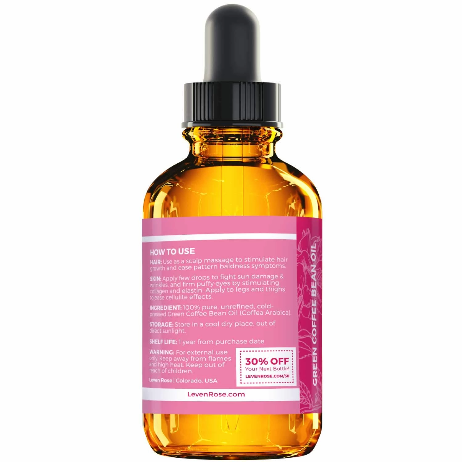Leven Rose Green Coffee Bean Oil 100% Natural Pure Cold Pressed Unrefined Coffeebean Oil For Around Eyes, Face, Nails, Skin, And Hair- 1 oz Bottle (1 ounce)