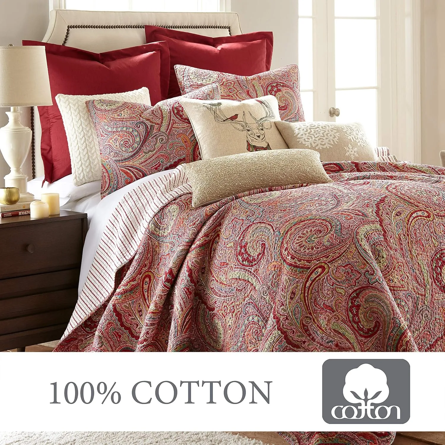Levtex Home - Spruce Red Quilt Set - King/Cal King Quilt (106x92in.)   Two King Pillow Shams (36x20in.) - Paisley Pattern in Burgundy, Red, Tan, Grey - Reversible - Cotton